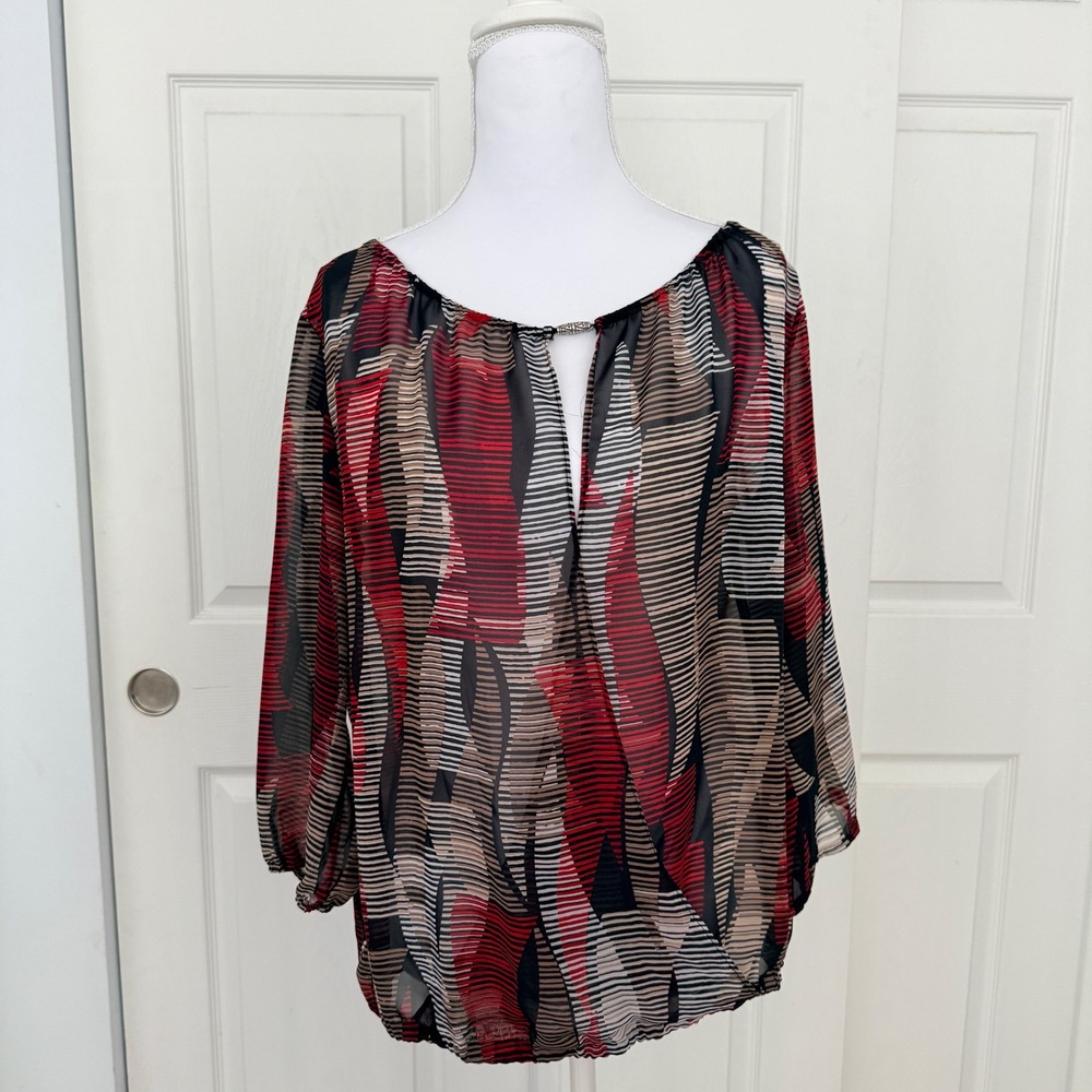 New Directions Blouse Womens Medium Red Black Abstract Sheer Bubble Hem Top